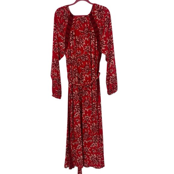 Knox Rose Size XL Red Floral Peasant Prairie Boho Maxi Dress V-Neck Belted - Picture 3 of 13